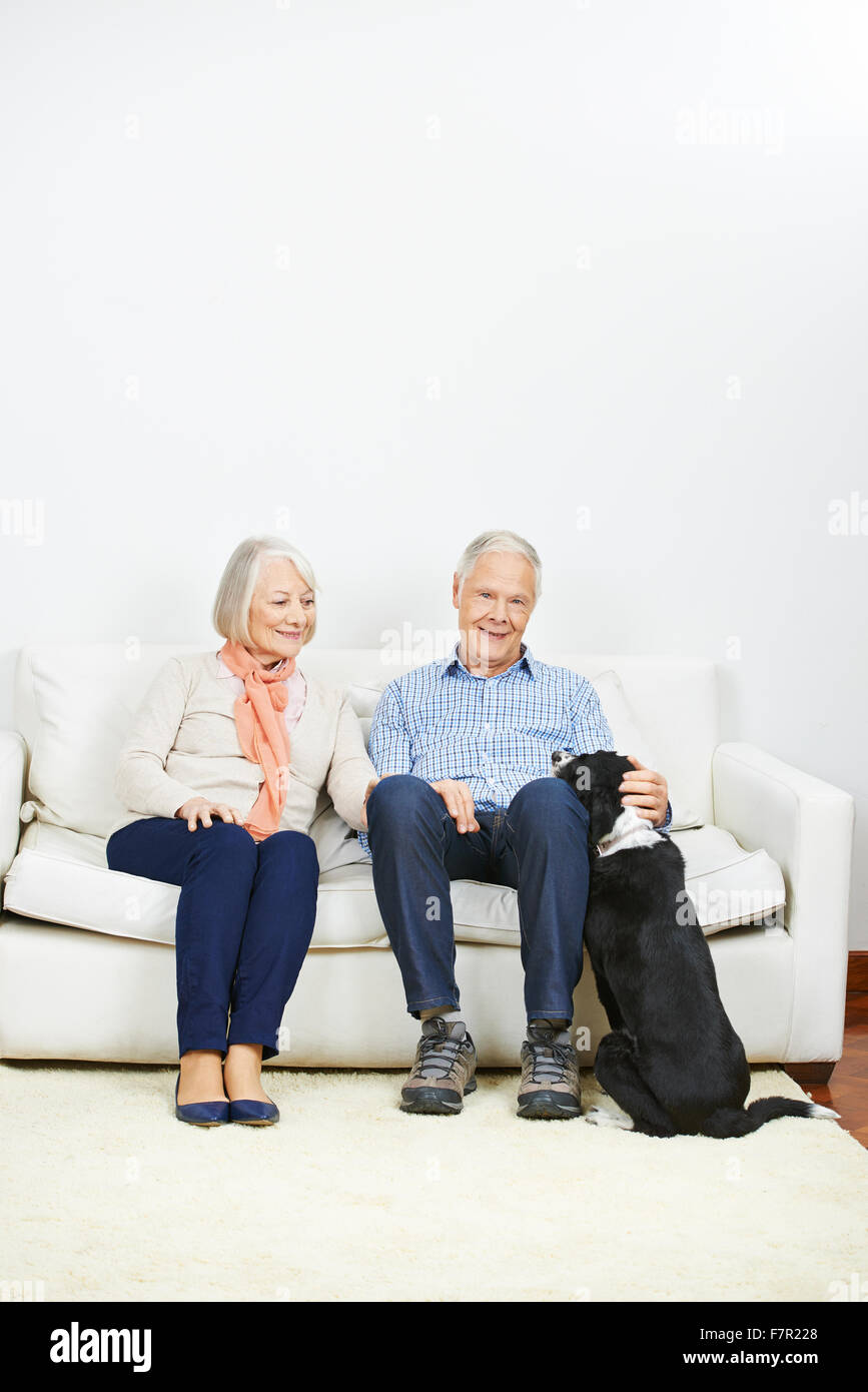 Vieux couple avec chien à la maison sur un canapé Banque D'Images