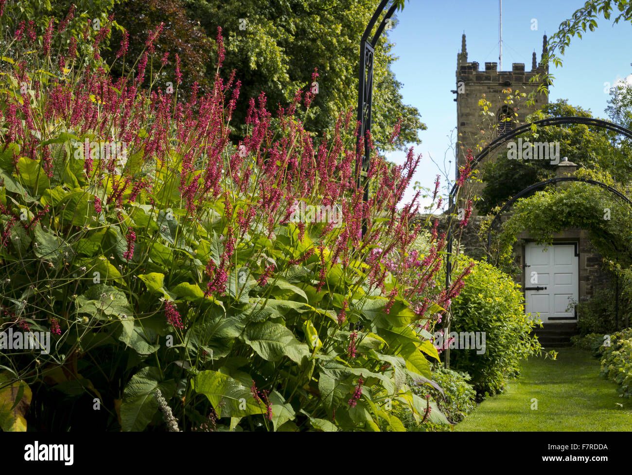 Vue le long des frontières et des arches de jardin à Eyam Hall et centre d'Artisanat, Derbyshire. Banque D'Images