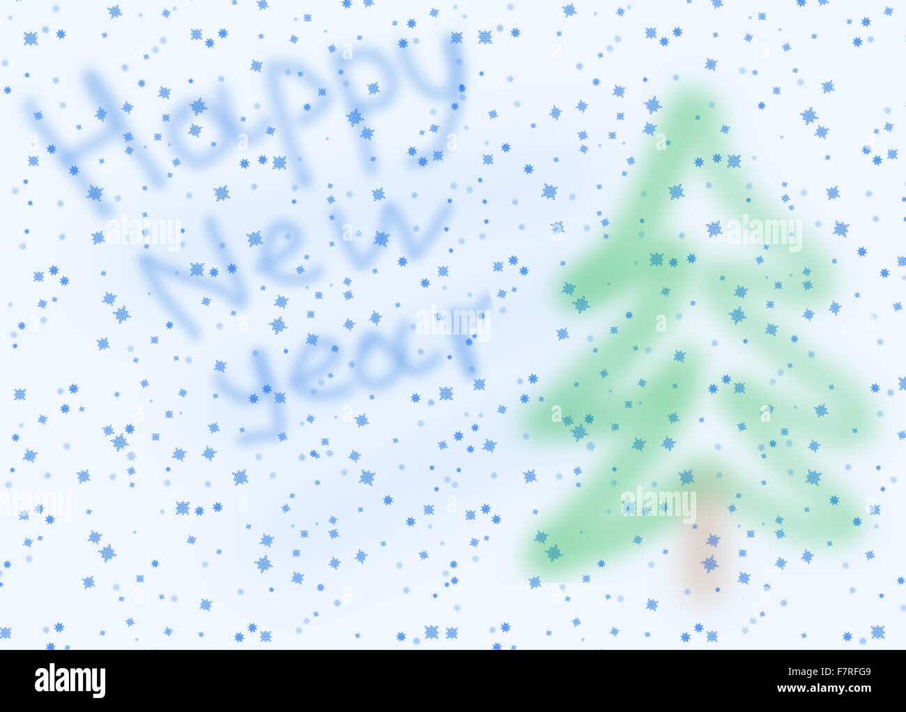 Carte postale avec des flocons et Nouvel An des arbres Banque D'Images