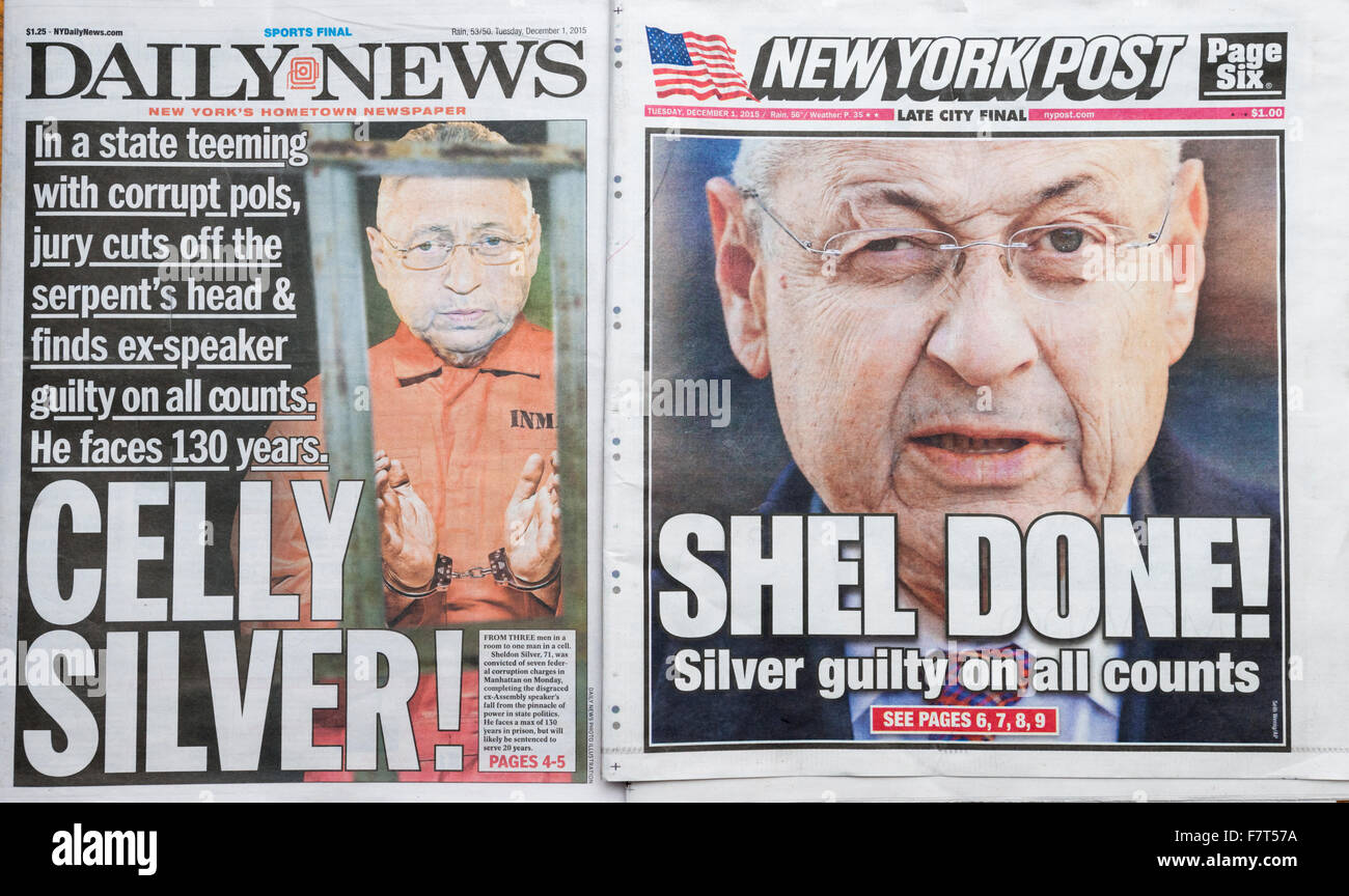 Le New York Post et Dialy News rapport sur Mardi, Décembre 1, 2015 à propos de la condamnation de l'ancien président de l'Assemblée de l'État de New York Sheldon Silver pour tous les dénombrements dans son procès pour corruption. (© Richard B. Levine) Banque D'Images