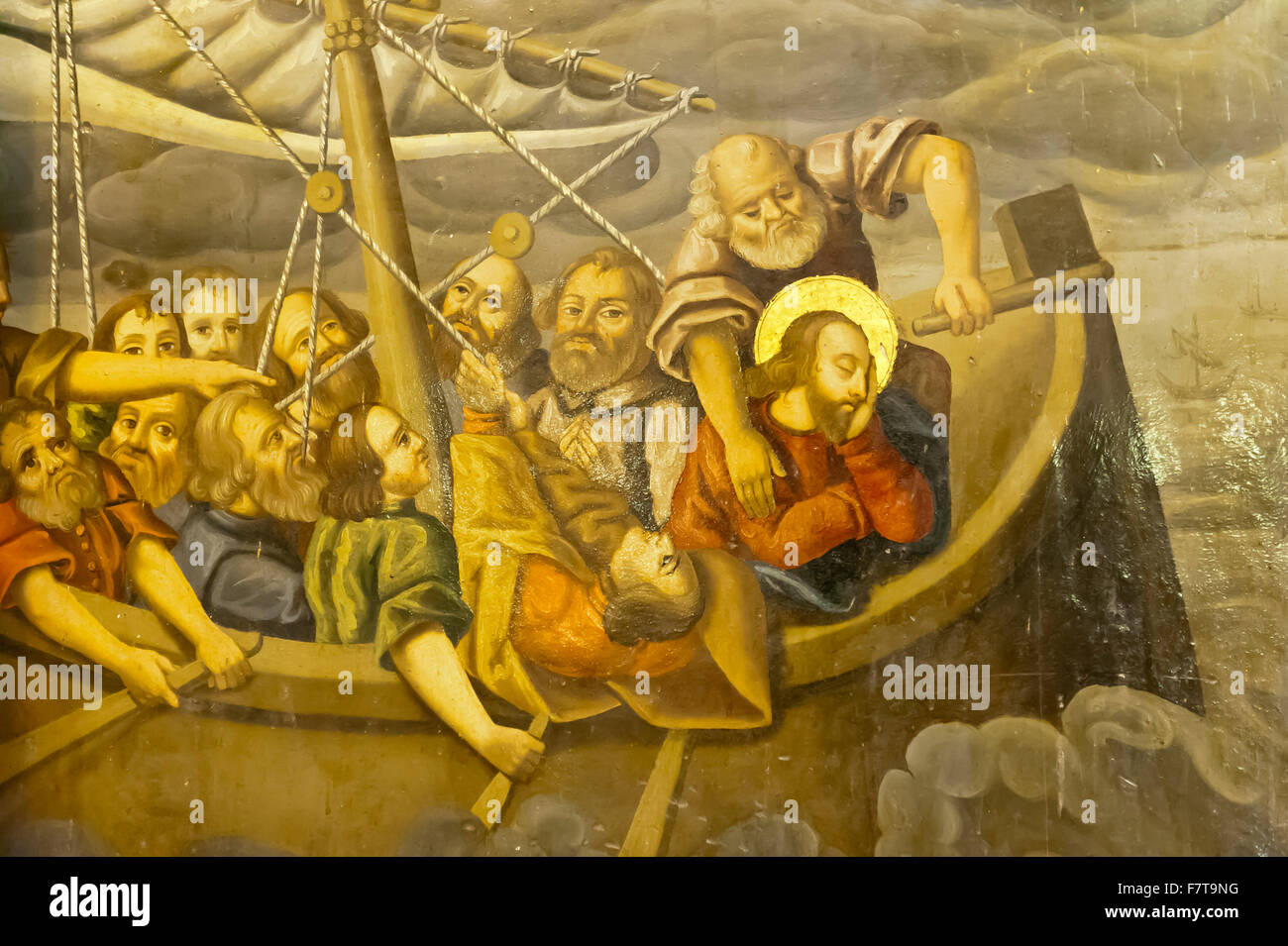 Eglise apostolique arménienne, murale, tempête, Jésus avec ses disciples dans le bateau pendant une tempête, Bethléem Église ou église Bedkhem Banque D'Images