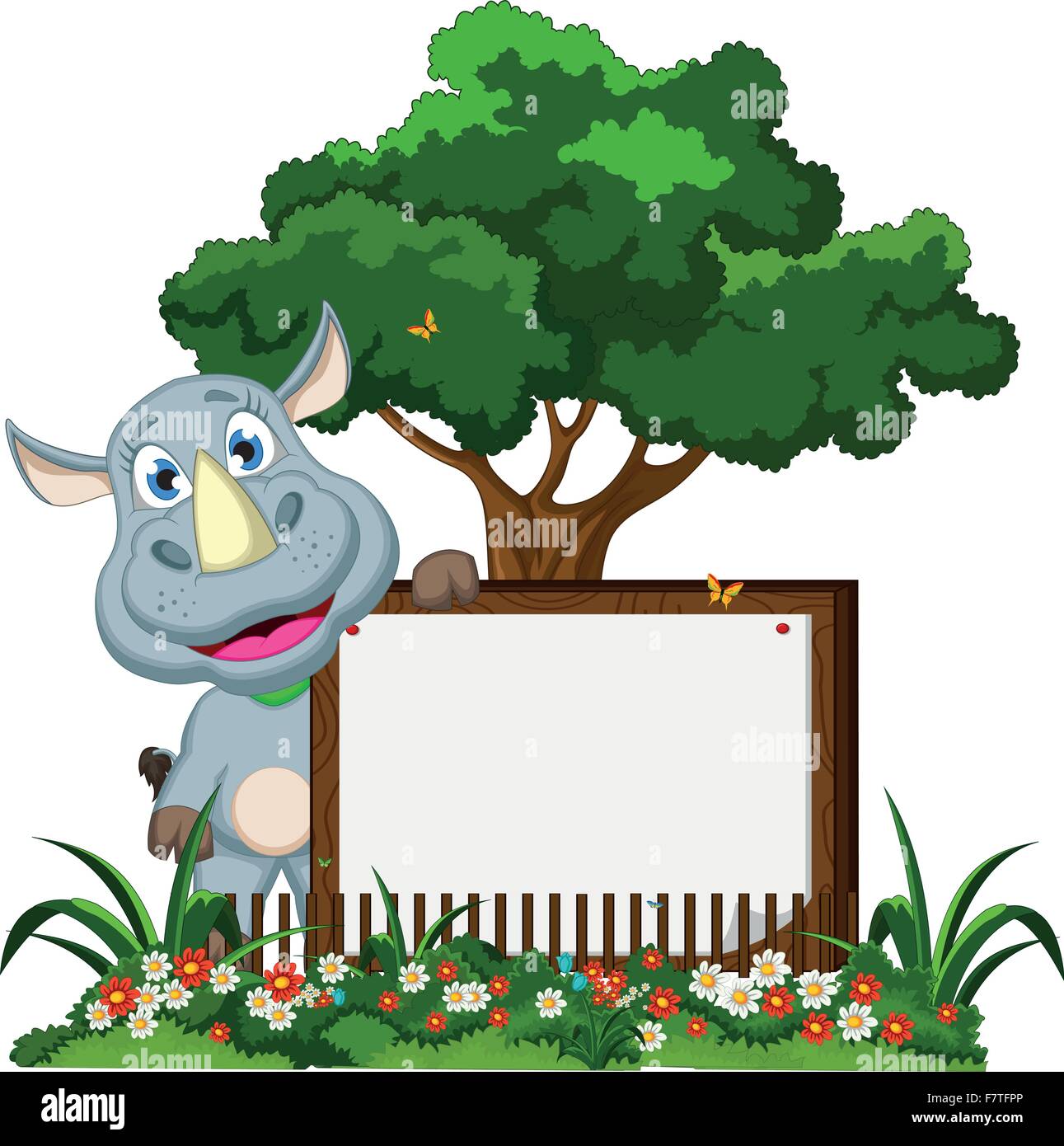 Funny cartoon rhino avec blank sign sur jardin Illustration de Vecteur