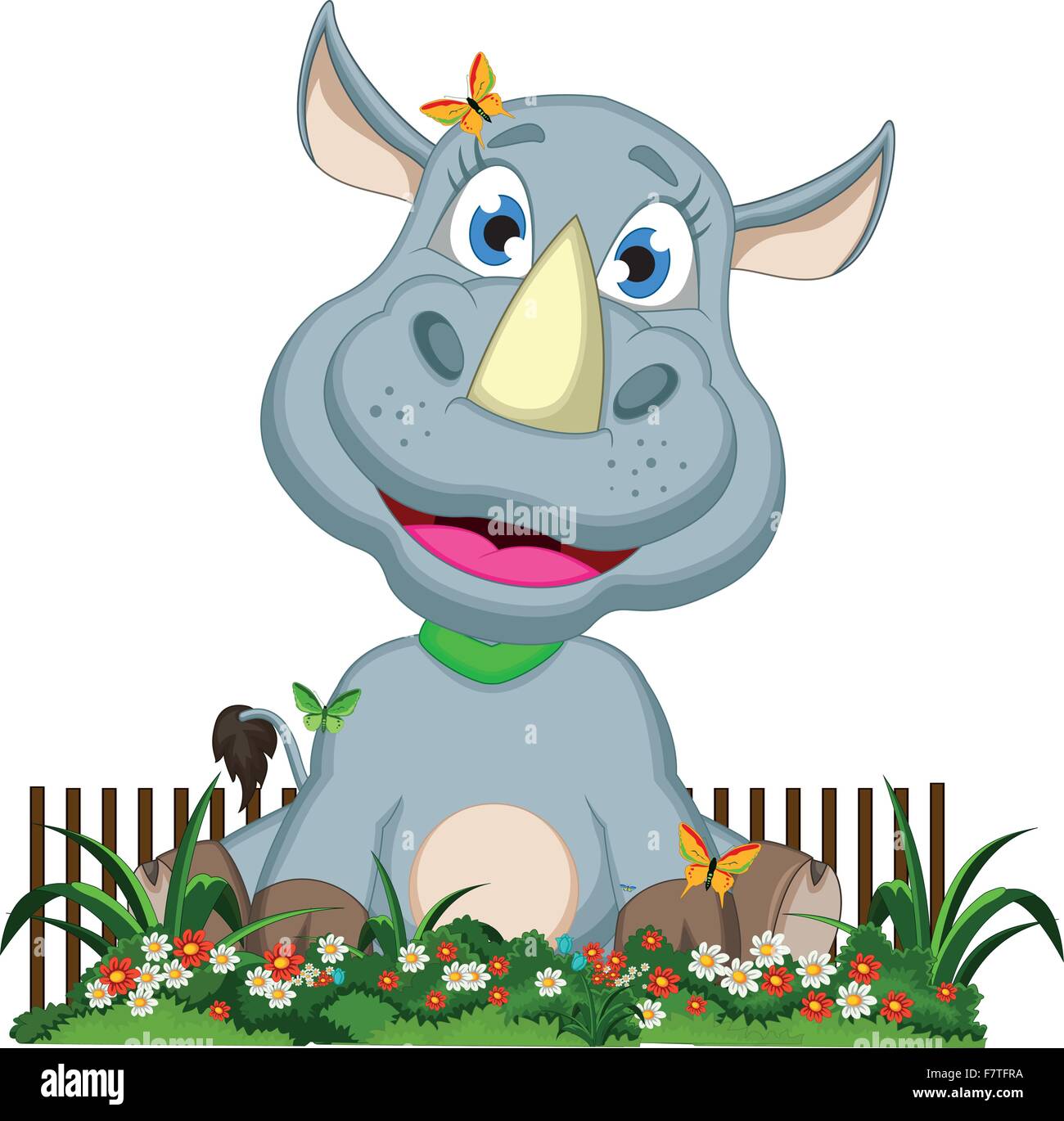 Rhino cute cartoon assis sur le jardin de fleurs Illustration de Vecteur