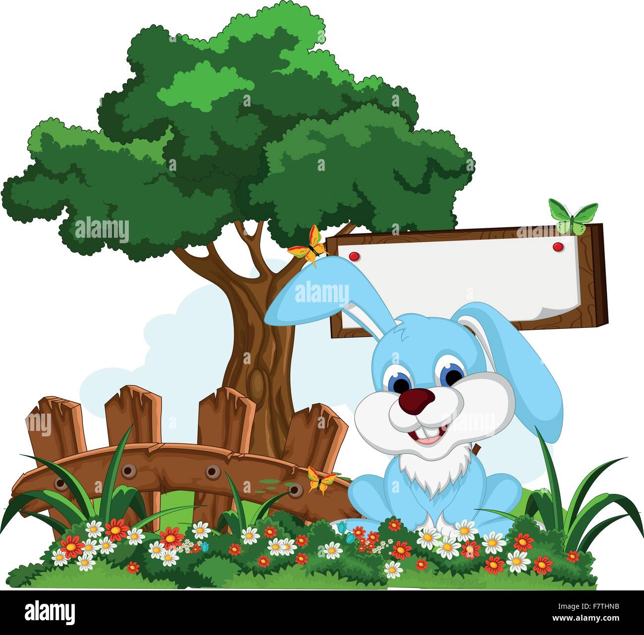 Cute cartoon lapin blanc avec bord en jardin de fleurs Illustration de Vecteur