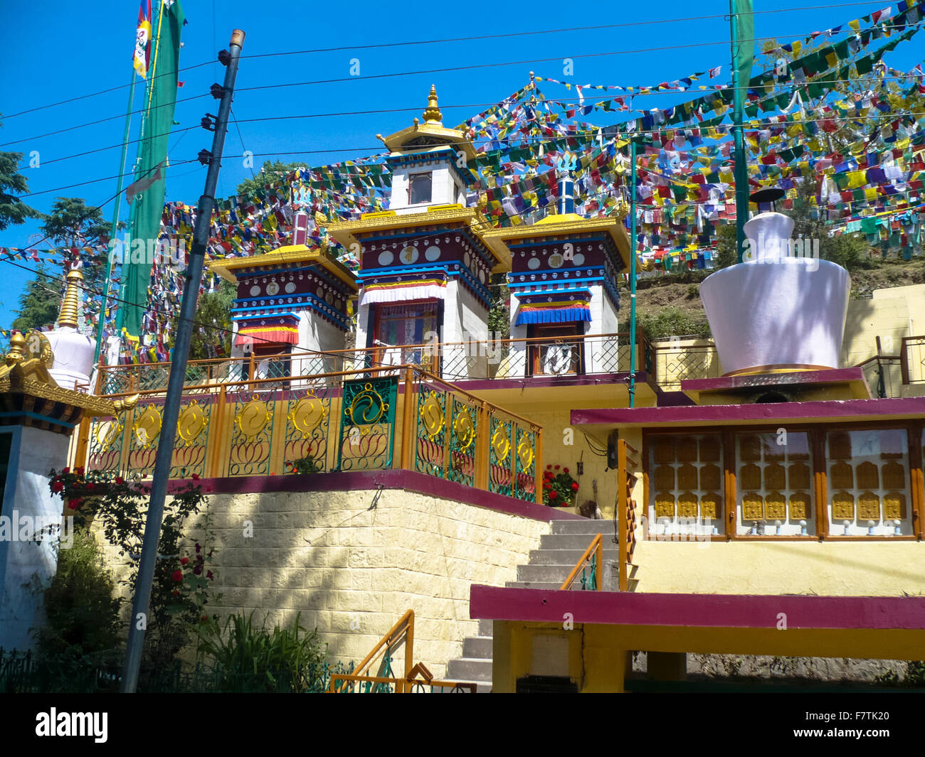 Les drapeaux de prières au stupa à Dharamsala en Inde Banque D'Images Les drapeaux de prières au stupa à Dharamsala en Inde Banque D'Images