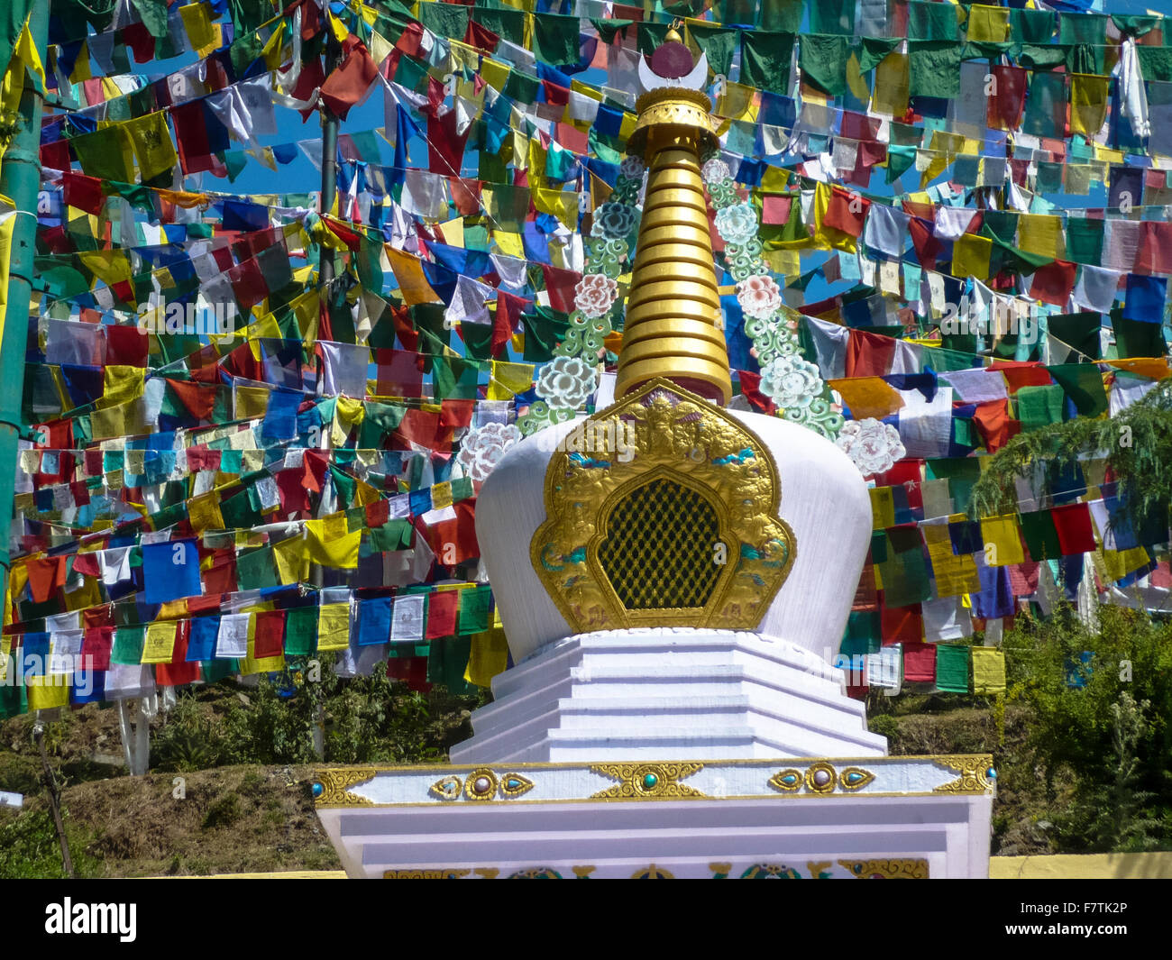 Les drapeaux de prières au stupa à Dharamsala en Inde Banque D'Images Les drapeaux de prières au stupa à Dharamsala en Inde Banque D'Images