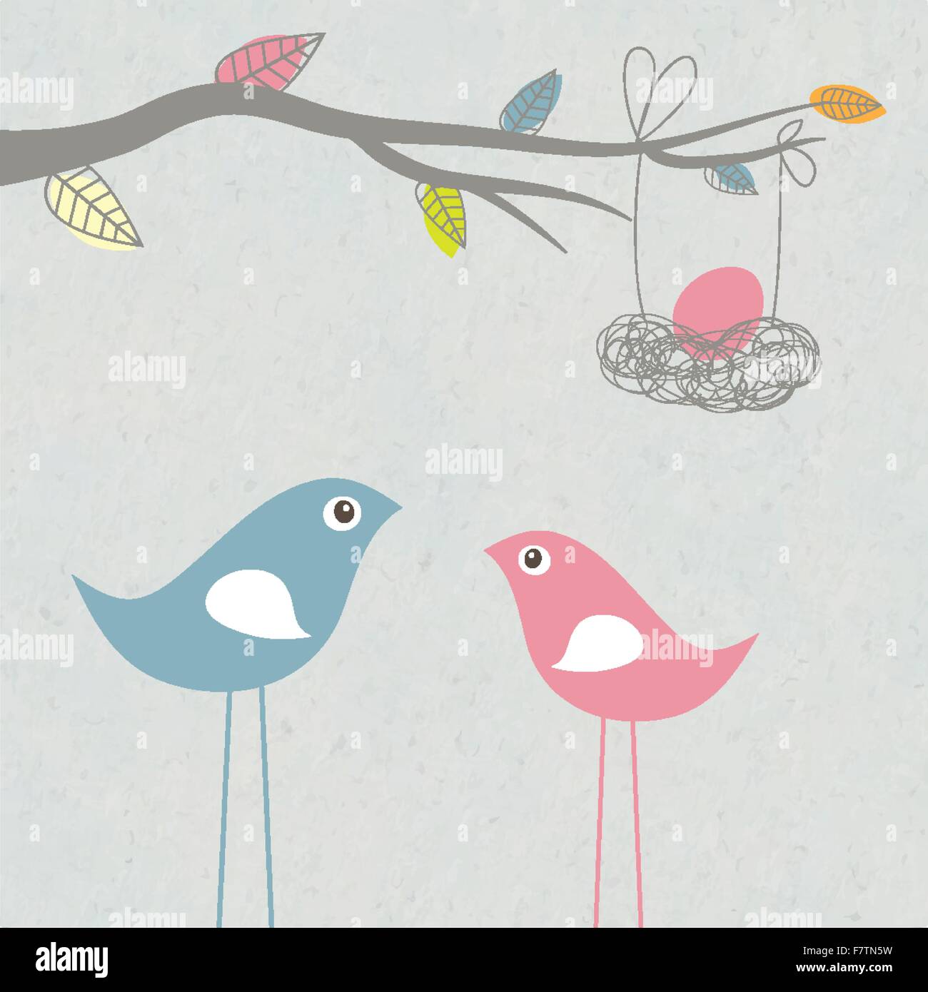 L'arrivée de bébé avec carte famille d'oiseaux et d'oeufs dans le nid Illustration de Vecteur