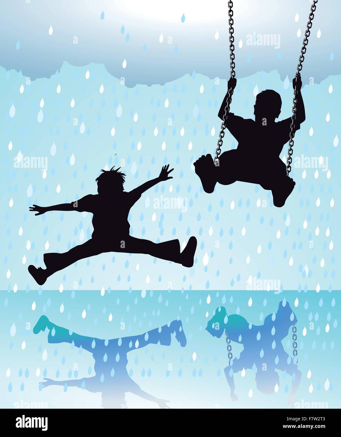 Enfants jouant dans la pluie Illustration de Vecteur