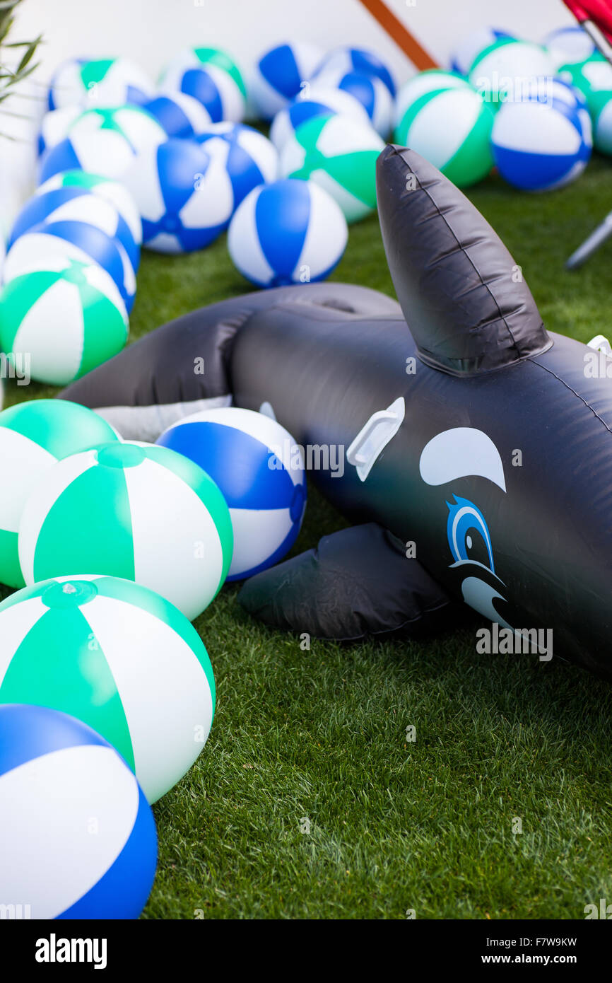 Jouet gonflable dauphin et boules dans le jardin Banque D'Images