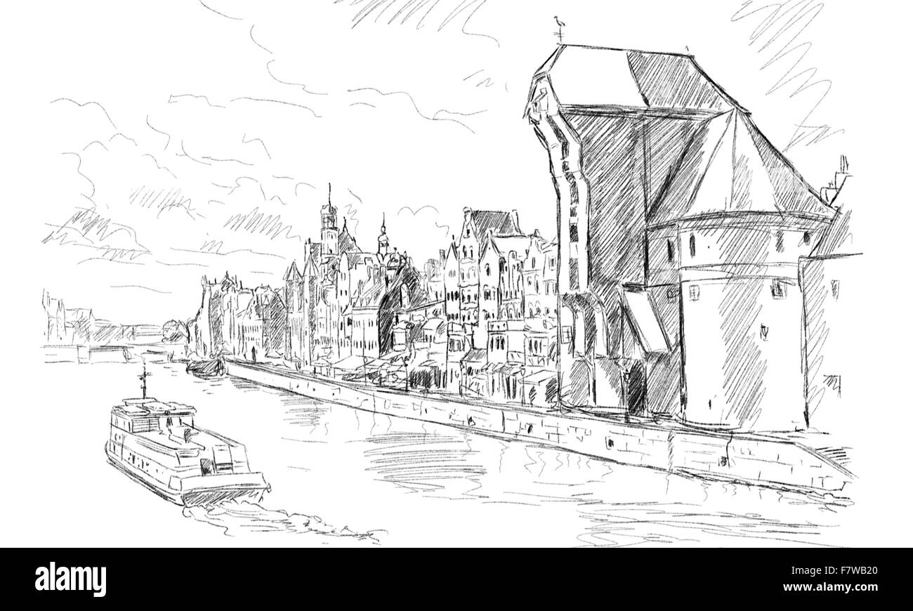 La vieille ville de Gdansk et de la célèbre grue, Polish Zuraw. Vue depuis la rivière Motlawa, Pologne au coucher du soleil romantique, nuit. La ville a également connu une Banque D'Images