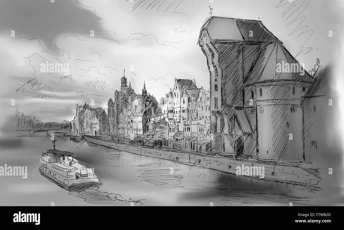 La vieille ville de Gdansk et de la célèbre grue, Polish Zuraw. Vue depuis la rivière Motlawa, Pologne au coucher du soleil romantique, nuit. La ville a également connu une Banque D'Images