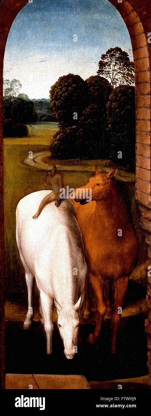 Hans Memling - Deux chevaux dans un paysage Banque D'Images