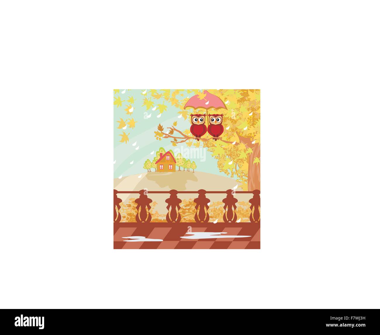 Les hiboux couple sous un parapluie, journée d'automne Illustration de Vecteur