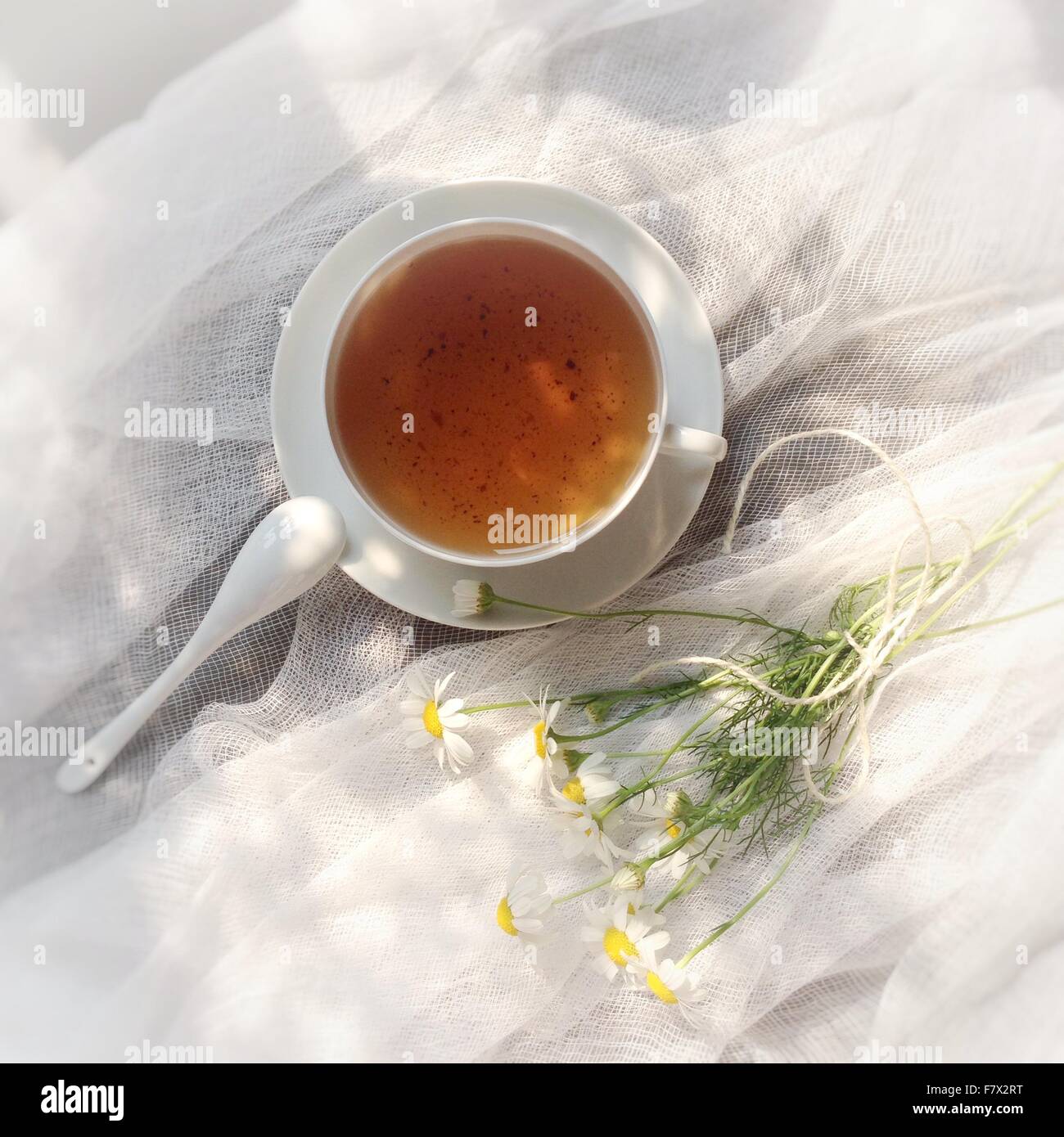 Tasse de thé et marguerites sur mousseline Banque D'Images