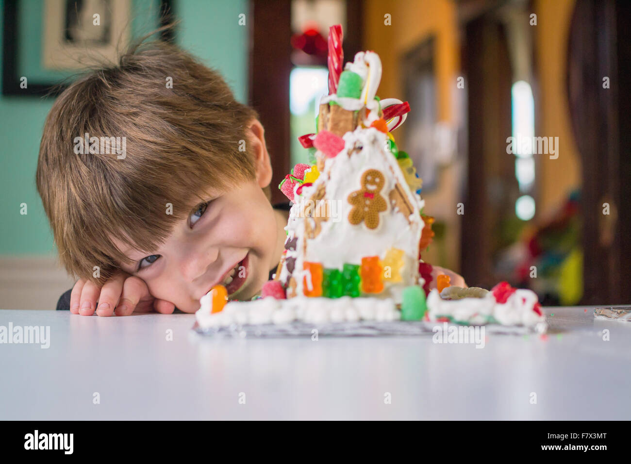 Smiling boy with gingerbread house Banque D'Images