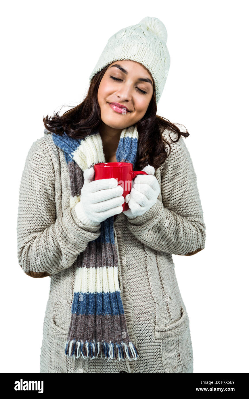 Boisson chaude brunette holding festive Banque D'Images