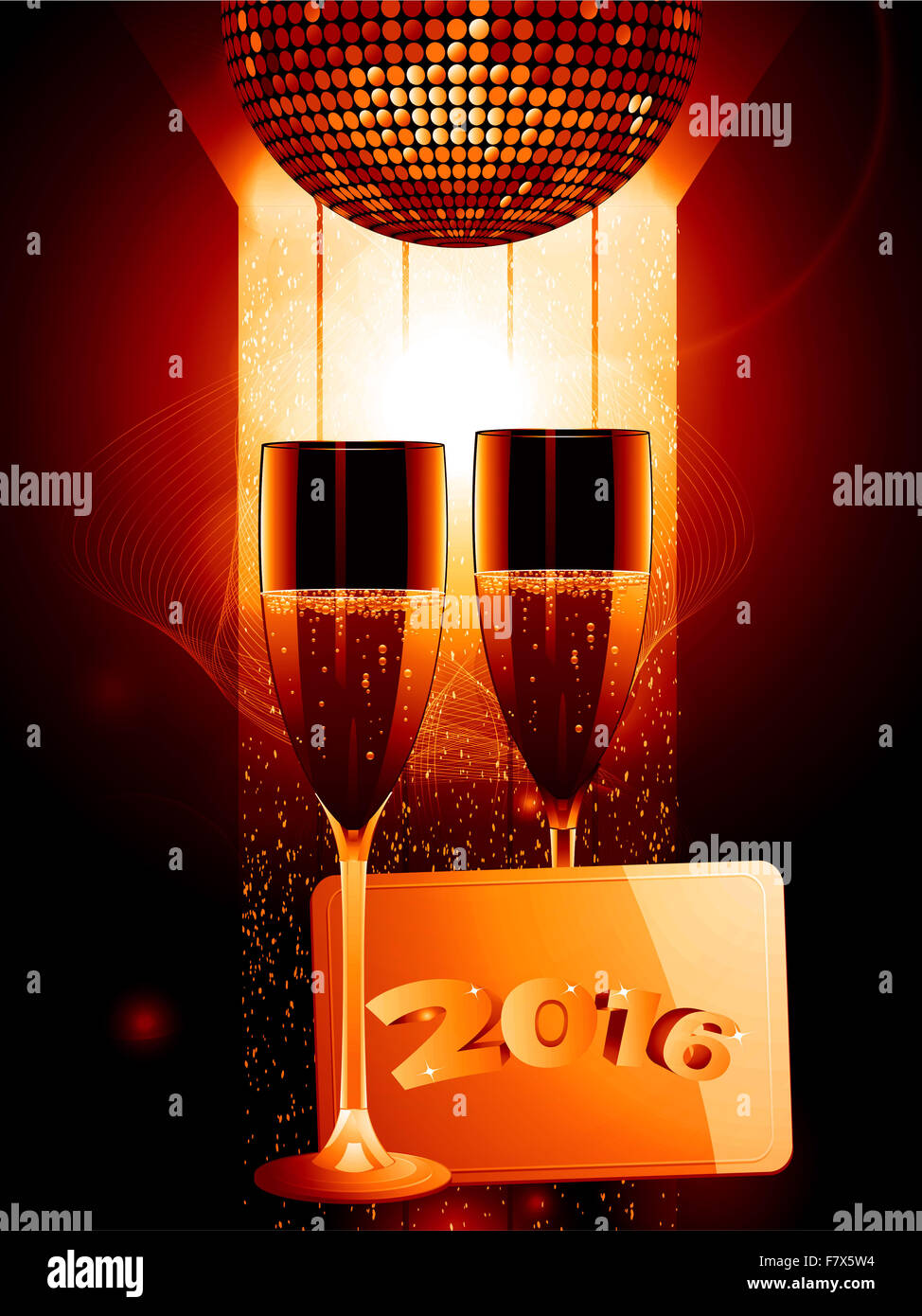 2016 Célébration contexte avec des verres de champagne Disco Ball et or variable de message Banque D'Images