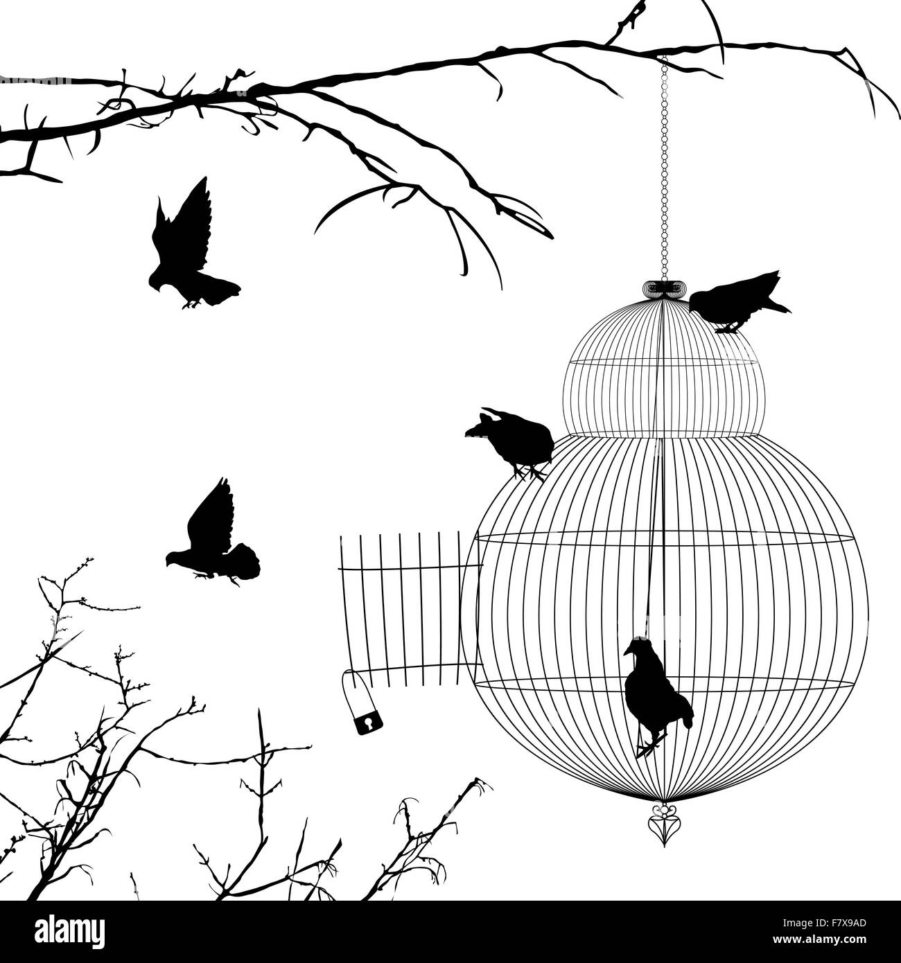 Cage ouverte et silhouettes d'oiseaux Illustration de Vecteur