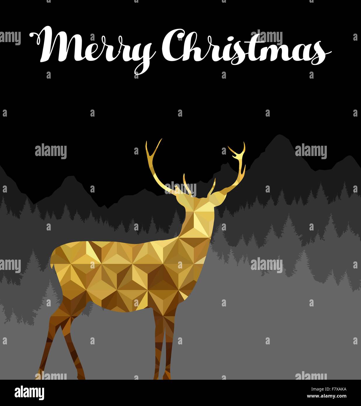 Joyeux Noël gold poly faible silhouette cerf sur fond de forêt. Idéal pour les cartes de vœux de Noël, maison de poster ou web. EPS10 Illustration de Vecteur