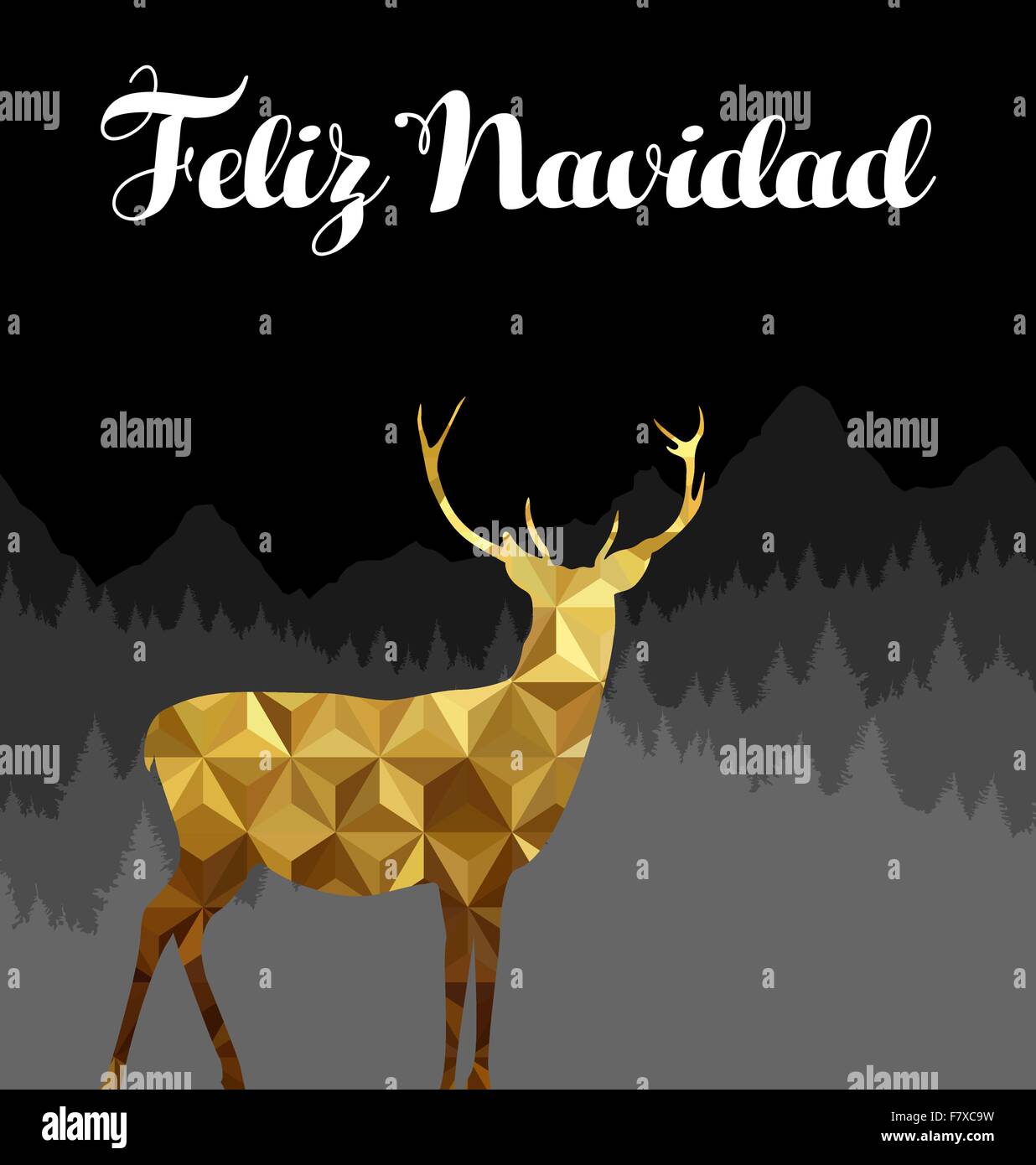 Joyeux Noël Feliz Navidad texte espagnol carte de souhaits avec de l'or low poly deer silhouette sur fond de forêt. Vecteur EPS10. Illustration de Vecteur