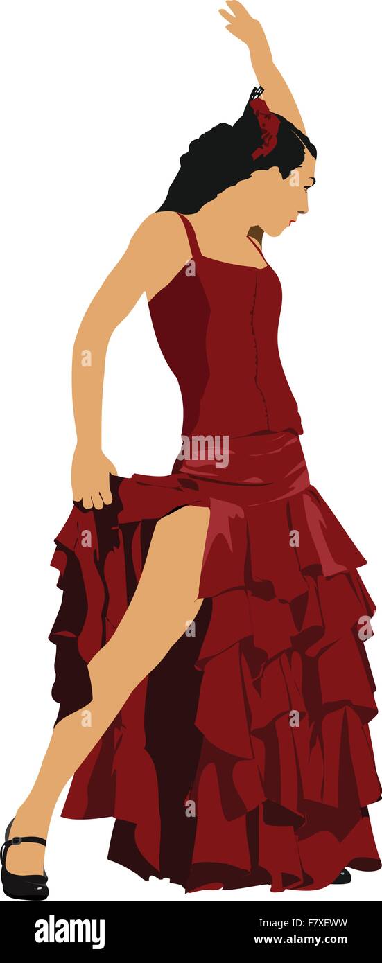 Belle jeune femme danser le flamenco isolé sur blanc. Vector Illustration de Vecteur