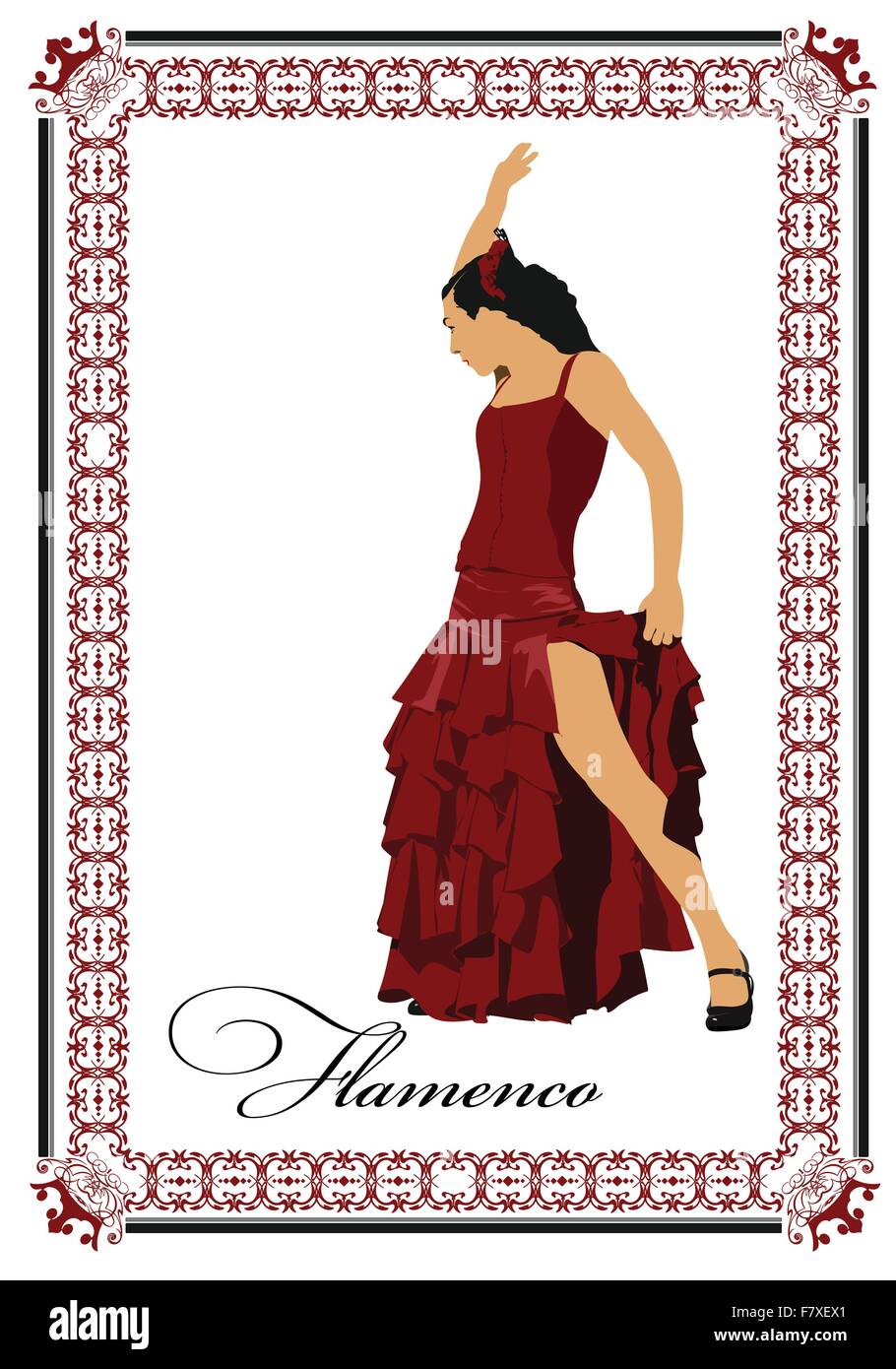 Belle jeune femme danser le flamenco isolé sur blanc. Vector Illustration de Vecteur