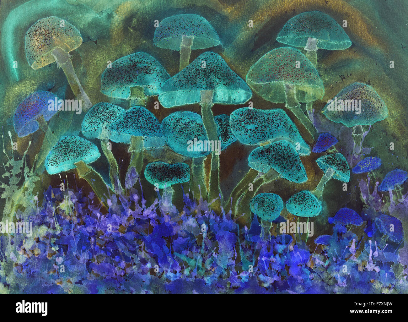 Specled noir fluorescent psychédélique champignons. la touche technique donne un effet de flou dû à la surface altérée roug Banque D'Images