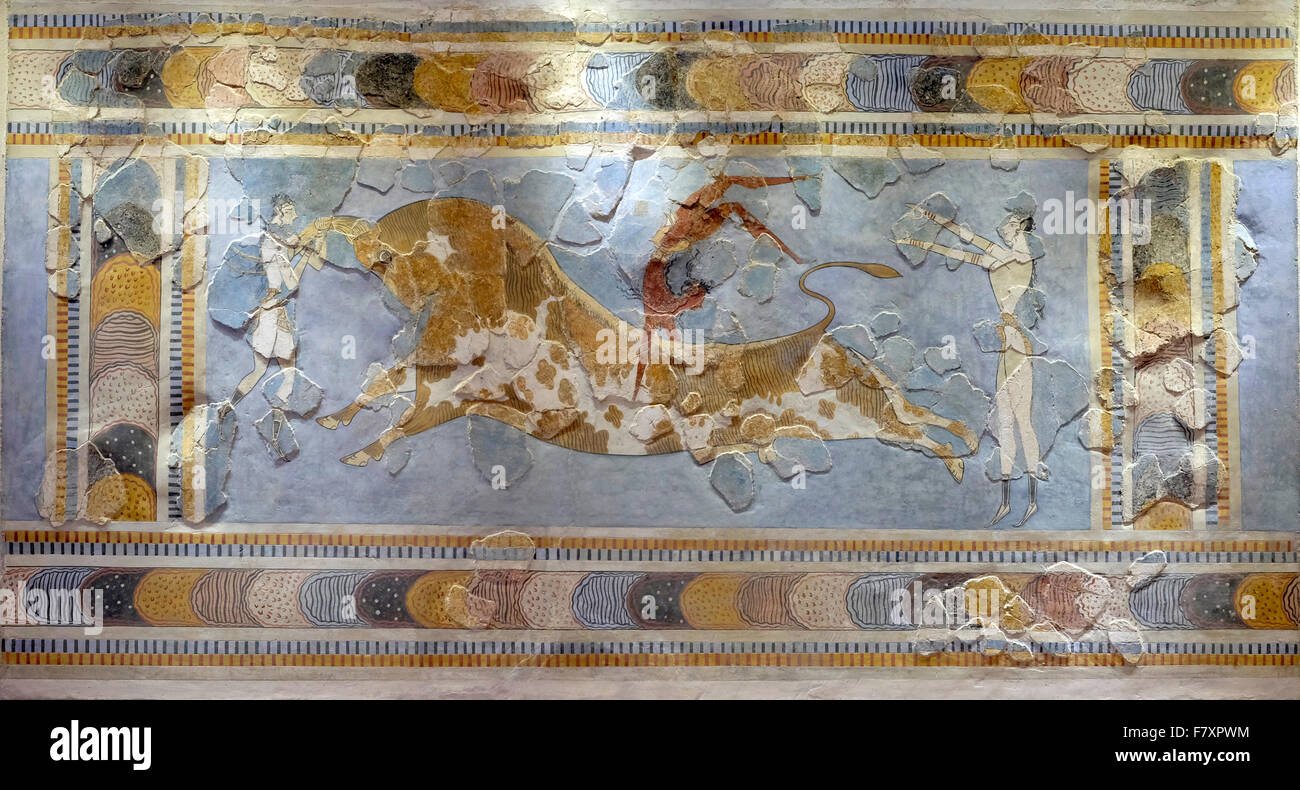 Fresque Minoenne. Bull sautant, 1600-1450 avant J.-C., du palais de Knossos. Acrobat somersaulting la longueur d'un dos du taureau. Banque D'Images