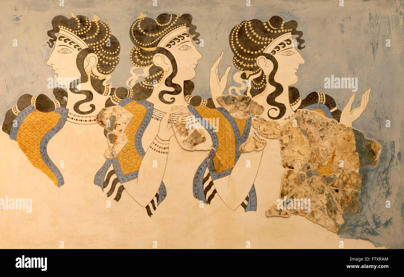 Dames en bleu, reconstruit à partir de la fresque Minoenne Cnossos, maintenant dans le musée archéologique, Héraklion, Crète Banque D'Images