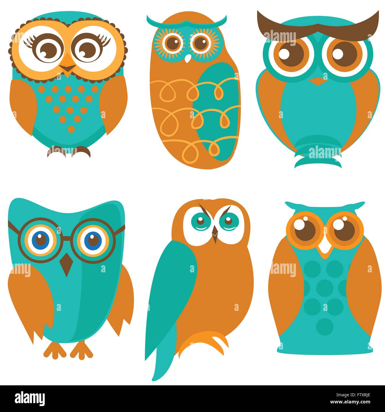 Ensemble, les hiboux cute Owl et les oiseaux en orange , vert Illustration de Vecteur