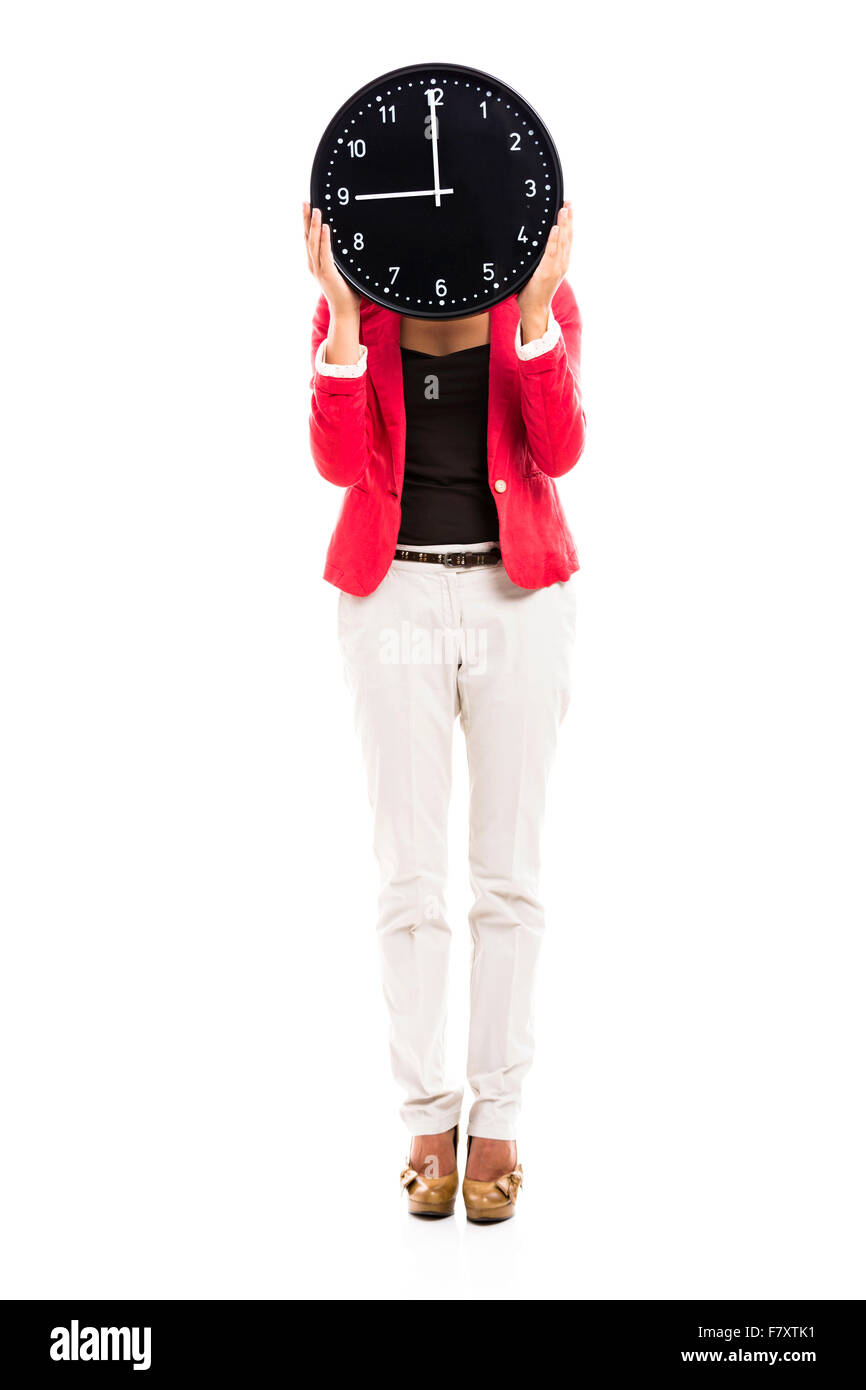 Business Woman holding une grosse horloge sur les mains Banque D'Images