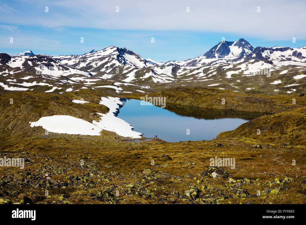 Lagtungetjonne le lac et la neige parsemée de montagnes des Memurubu à Gjendebu trail dans le parc national de Jotunheimen Norvège Banque D'Images