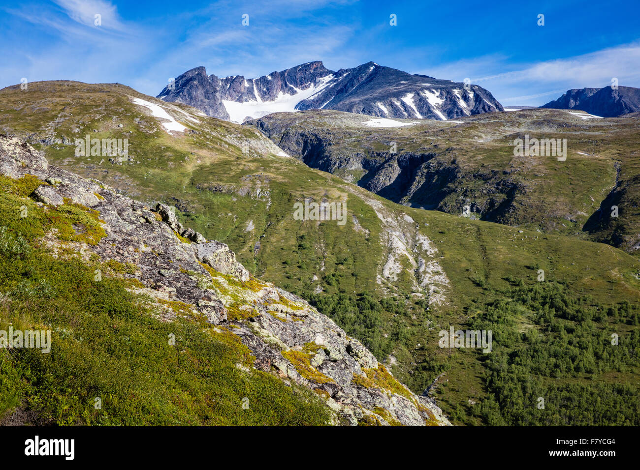 Sertningssue Mountain à partir de la vallée de la rivière Muru Memurubu près de dans le parc national de Jotunheimen Norvège Banque D'Images