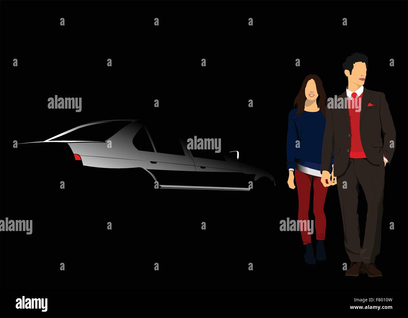 Voiture blanche silhouette et couple sur fond noir. Vector illu Illustration de Vecteur