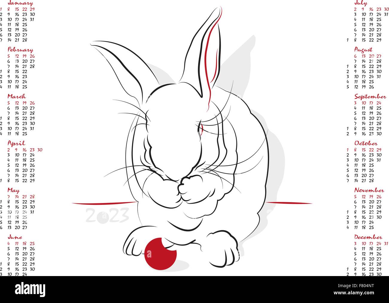 Calendrier Lapin 2023 Calendrier 2023 Dans Scénario Isolé Sur Fond Blanc. L'année Du Lapin. De  Début De La Semaine À Partir De Dimanche Image Vectorielle Stock - Alamy