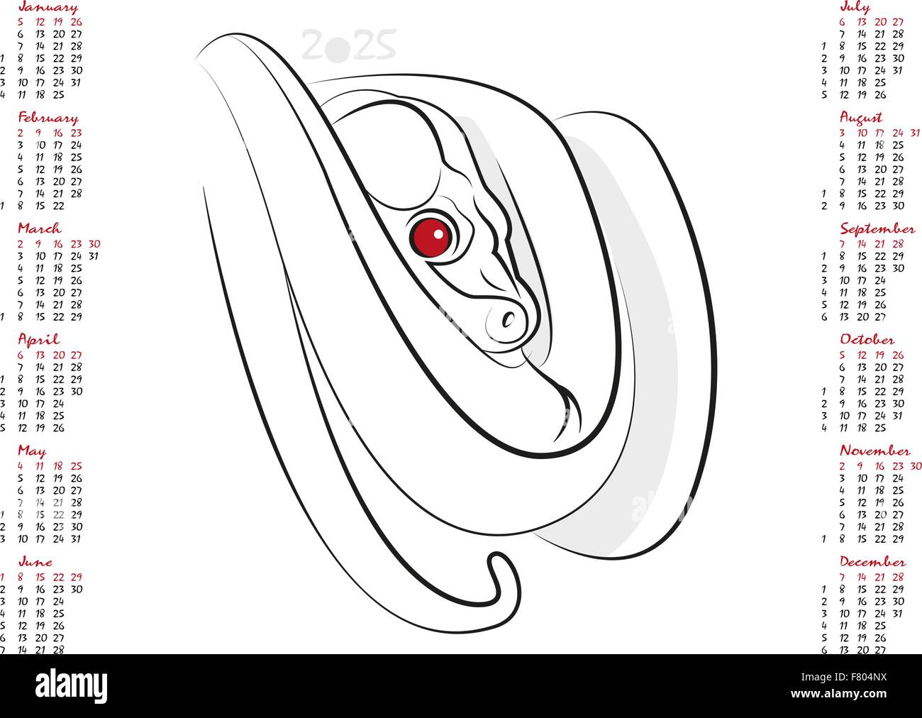 Calendrier 2025 dans scénario isolé sur fond blanc. L'année du serpent