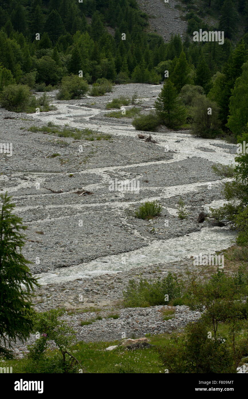 Rivière de montagne tressé, dans la haute vallée de l'onde, dans le parc national des Ecrins, alpes françaises. Banque D'Images