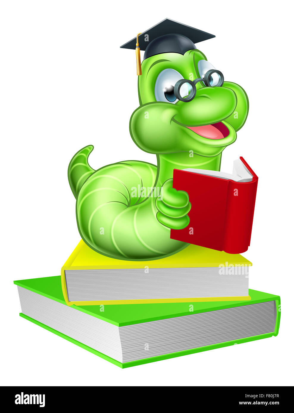 Smiling Cute cartoon ver vert caterpillar bookworm mascot portant des lunettes et le mortier bord graduation hat de lire un livre Banque D'Images
