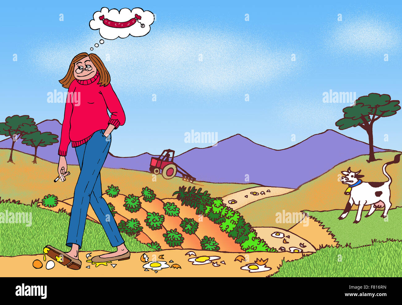 Femme de la campagne, marchant lentement, marchant avec précaution, et d'imaginer une saucisse. L'illustration. Banque D'Images