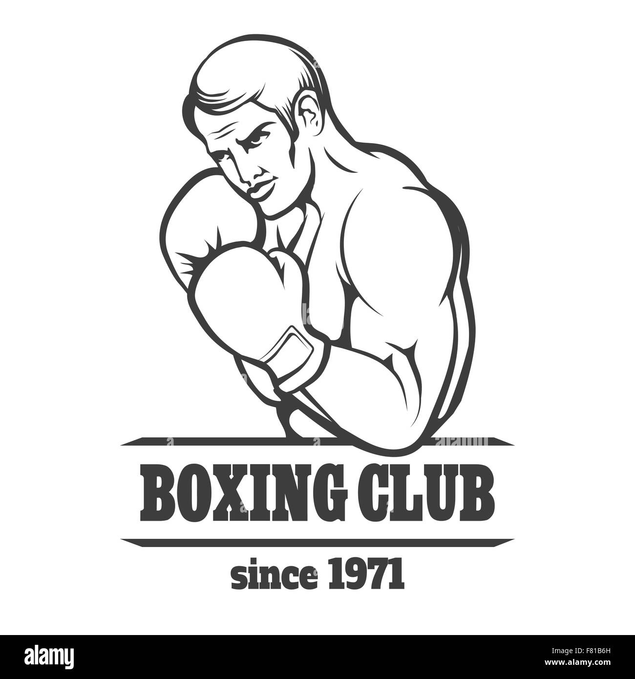 Le Logo ou l'emblème du Club de boxe. Un homme dans la région de gants de boxe dans la lutte contre la position. Isolé sur blanc. Gratuitement police utilisée. Illustration de Vecteur