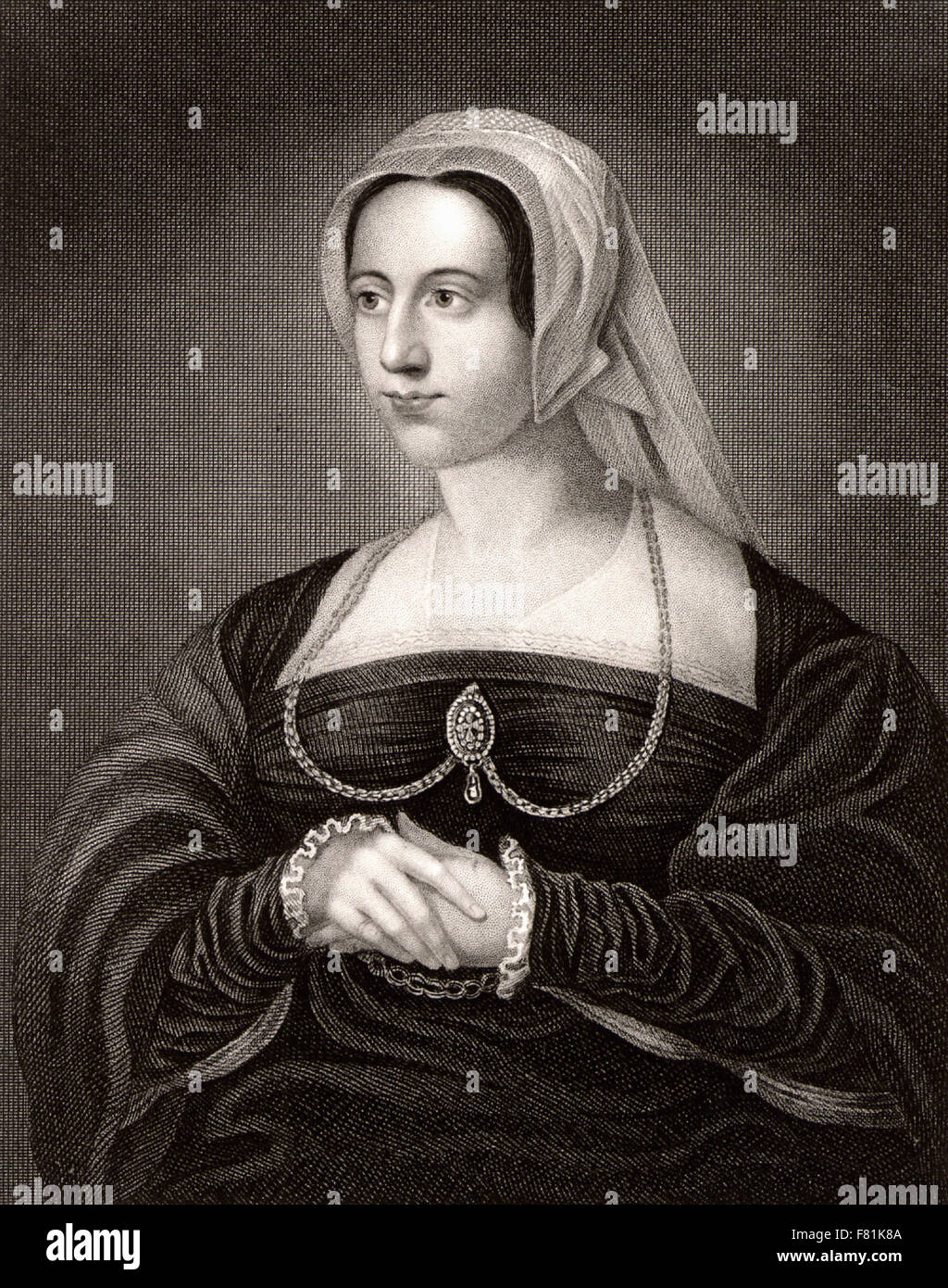 Catherine Parr, sixième reine de Henry VIII d'Angleterre et, après qu'elle ait été veuve, femme de Thomas Seymour - Gravure Banque D'Images