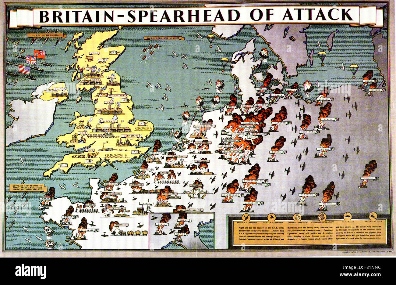 Grande-bretagne - lance d'attaque de l'affiche britannique publié en 1943 montrant une longue pays industrialisés soutenant la campagne de bombardement Bretagne Banque D'Images