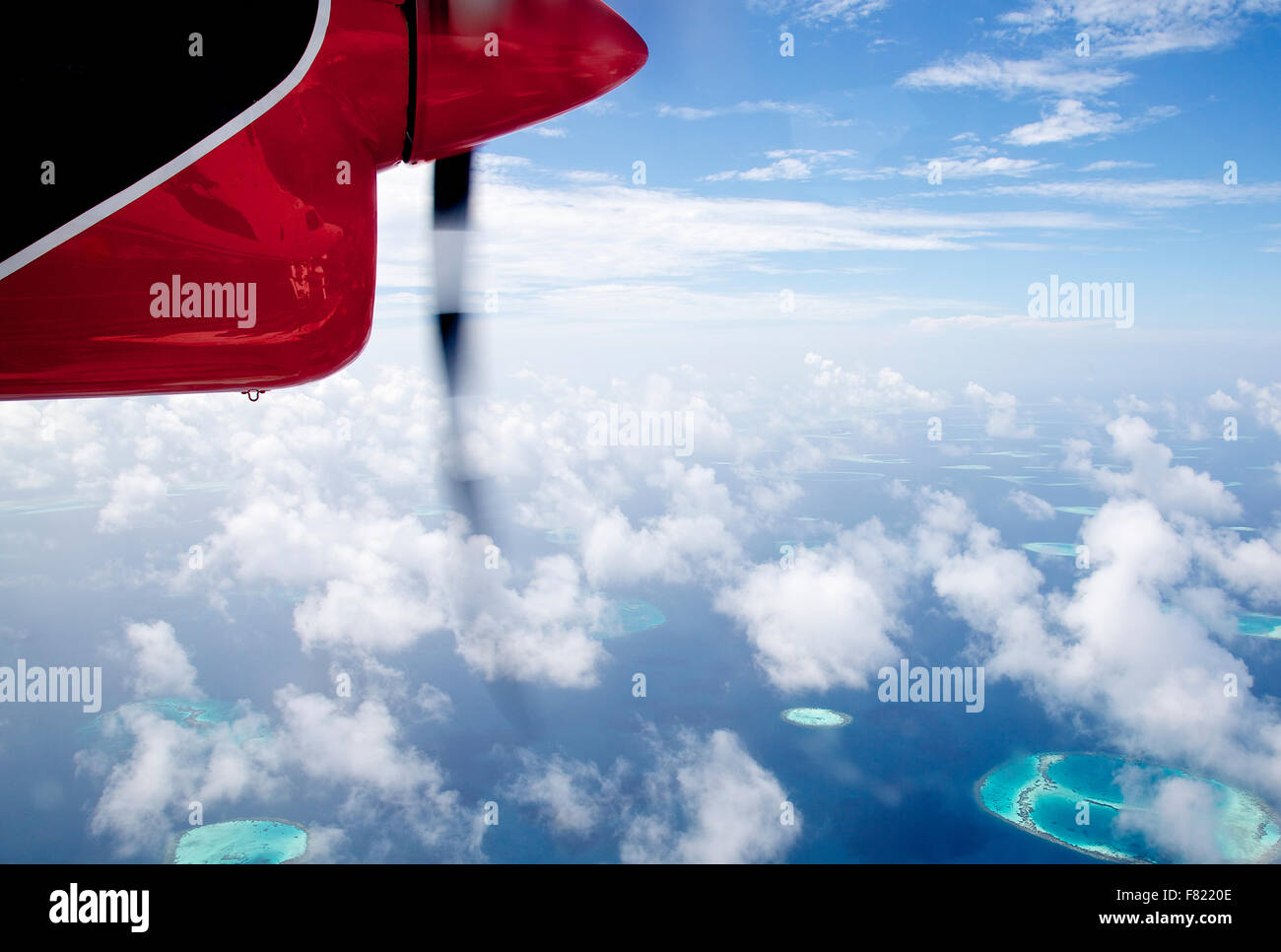 Vue aérienne de l'archipel des Maldives lagons au à partir d'un hydravion Banque D'Images