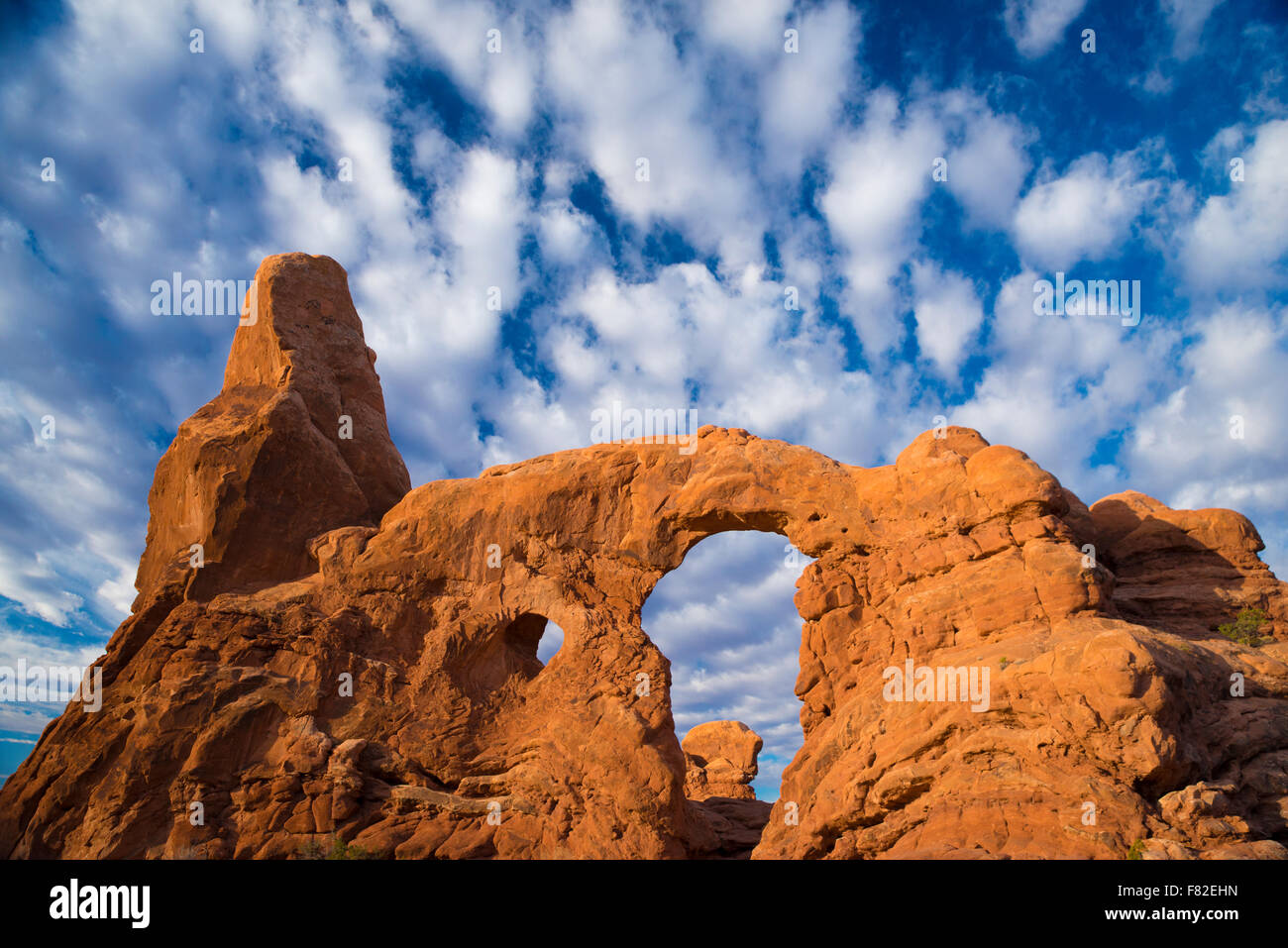 Matin nuages à tourelle Arch, Arches National Park, Utah, Section Windows Banque D'Images
