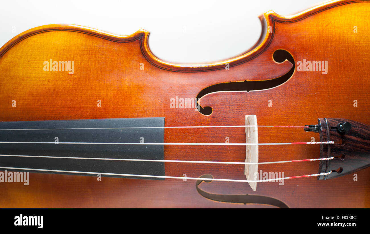 Violon bois détail du corps , f-trou et les cordes sur fond blanc Banque D'Images