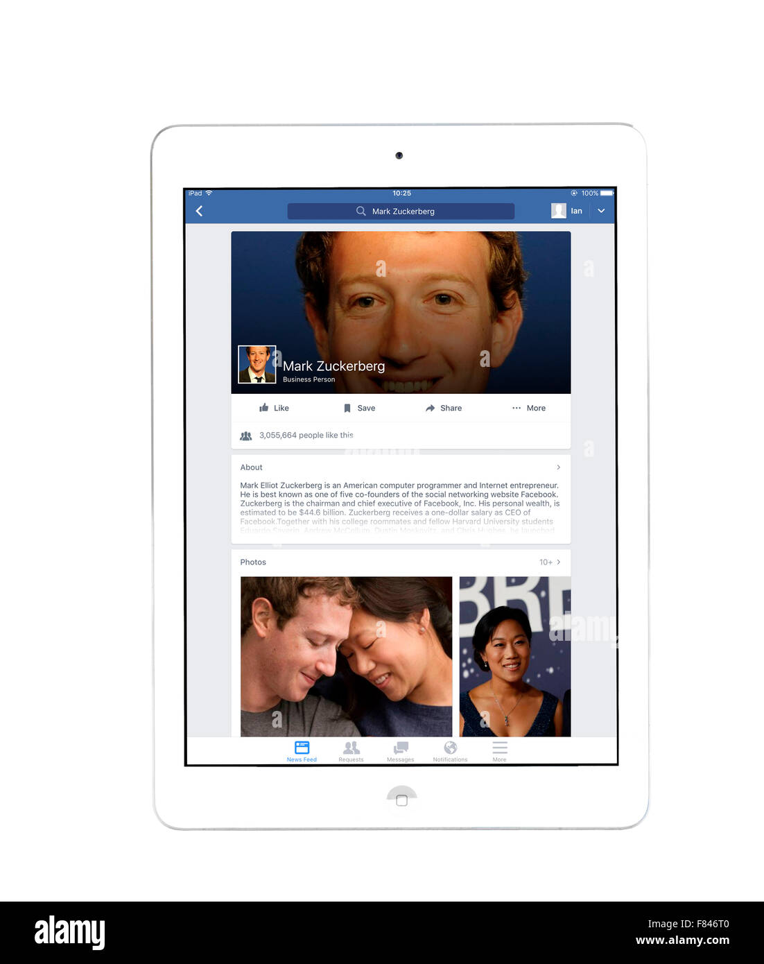 Mark Zuckerberg's home page sur l'application Facebook, vue sur un iPad Air Banque D'Images
