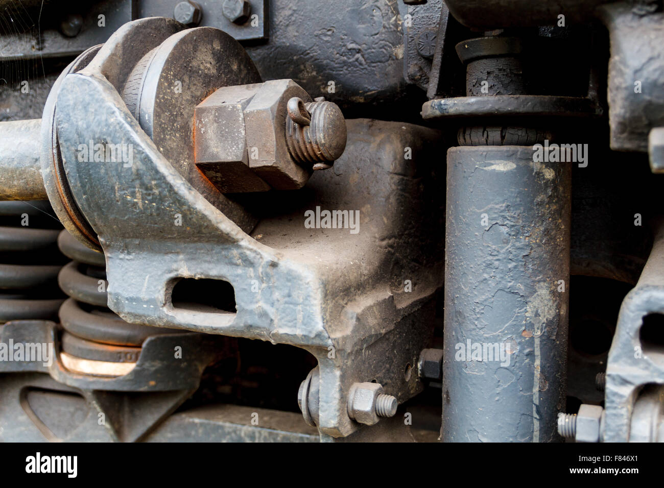 Close up of old locomotive diesel suspension. Virginia Museum of Transportation Banque D'Images