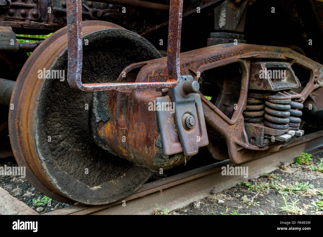 Close up of abandoned train voiture roue et suspension. Virginia Museum of Transportation Banque D'Images