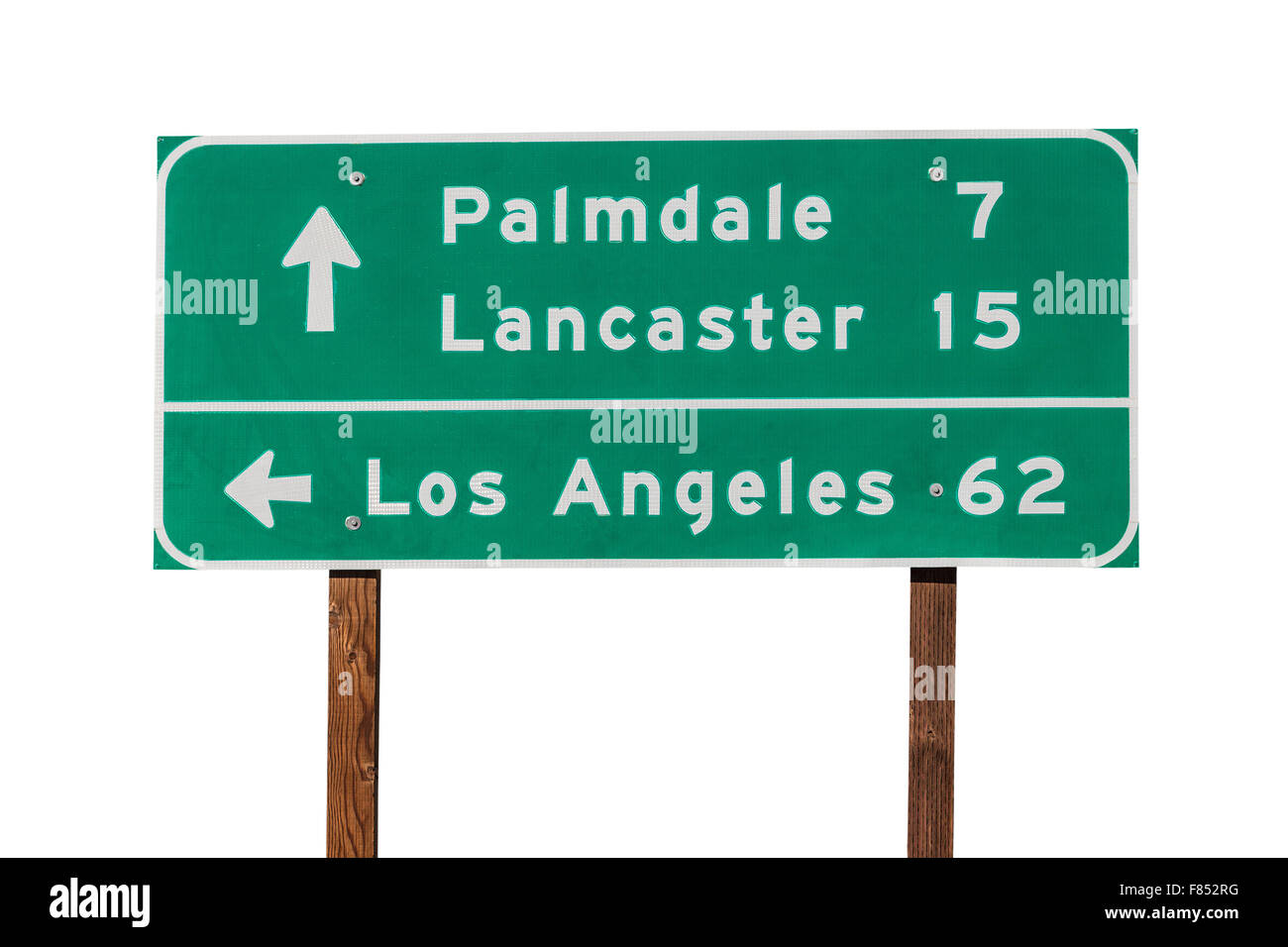 Palmdale, Lancaster et Los Angeles panneau routier isolé sur blanc. Banque D'Images
