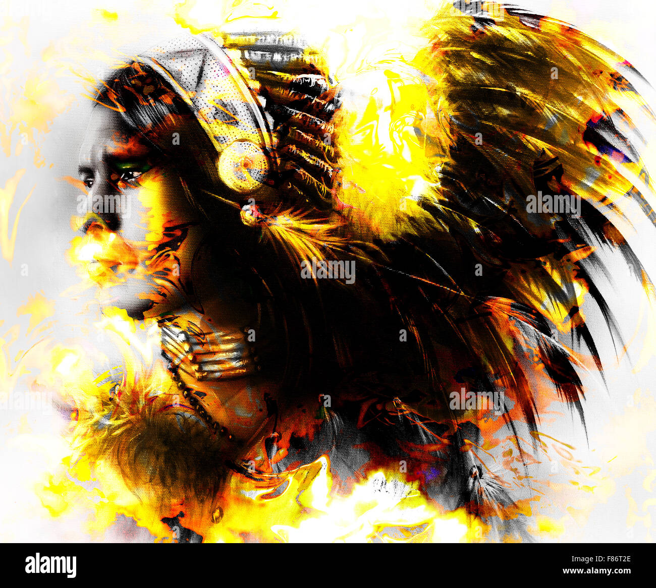Magnifique Tableau D Un Jeune Guerrier Indien Portant Une Coiffe De Plumes Magnifique Portrait De Profil Collage De L Ordinateur Photo Stock Alamy